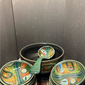 Vintage Artesa Hand Painted Fruit Bowl,spoon And 8small nut/ fruit/soup bowls